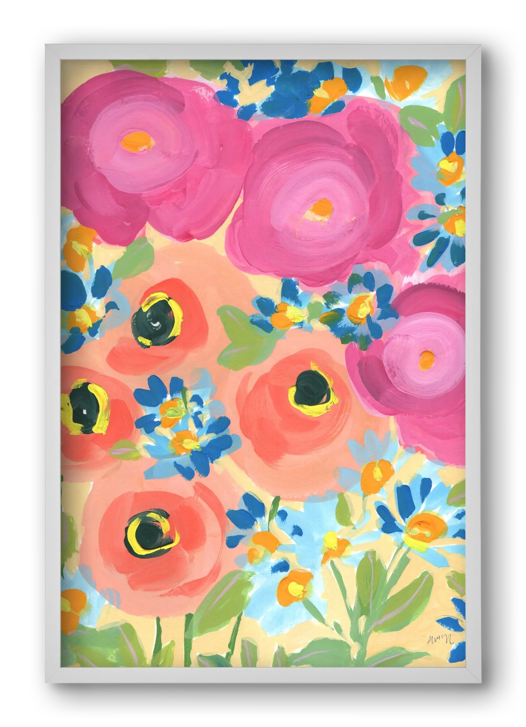 Pink Roses With Coral Anemones - artbridge