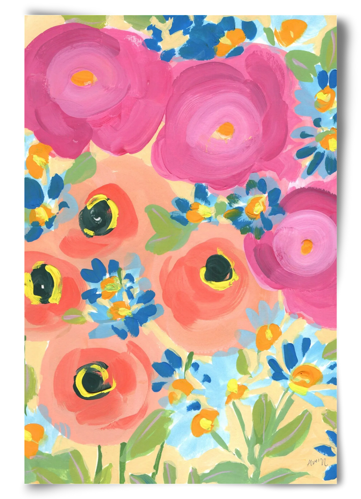 Pink Roses With Coral Anemones - artbridge