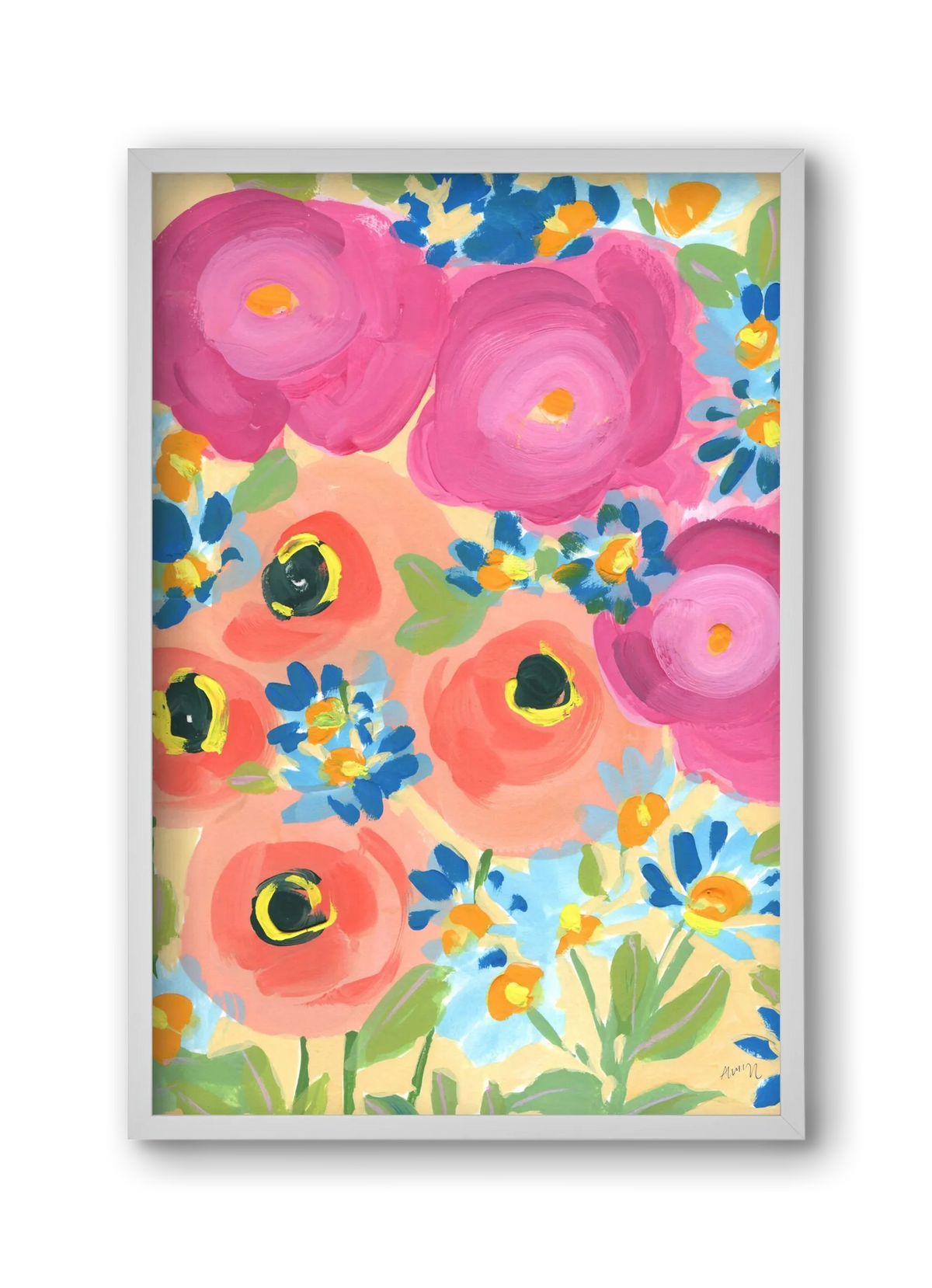 Pink Roses With Coral Anemones - artbridge