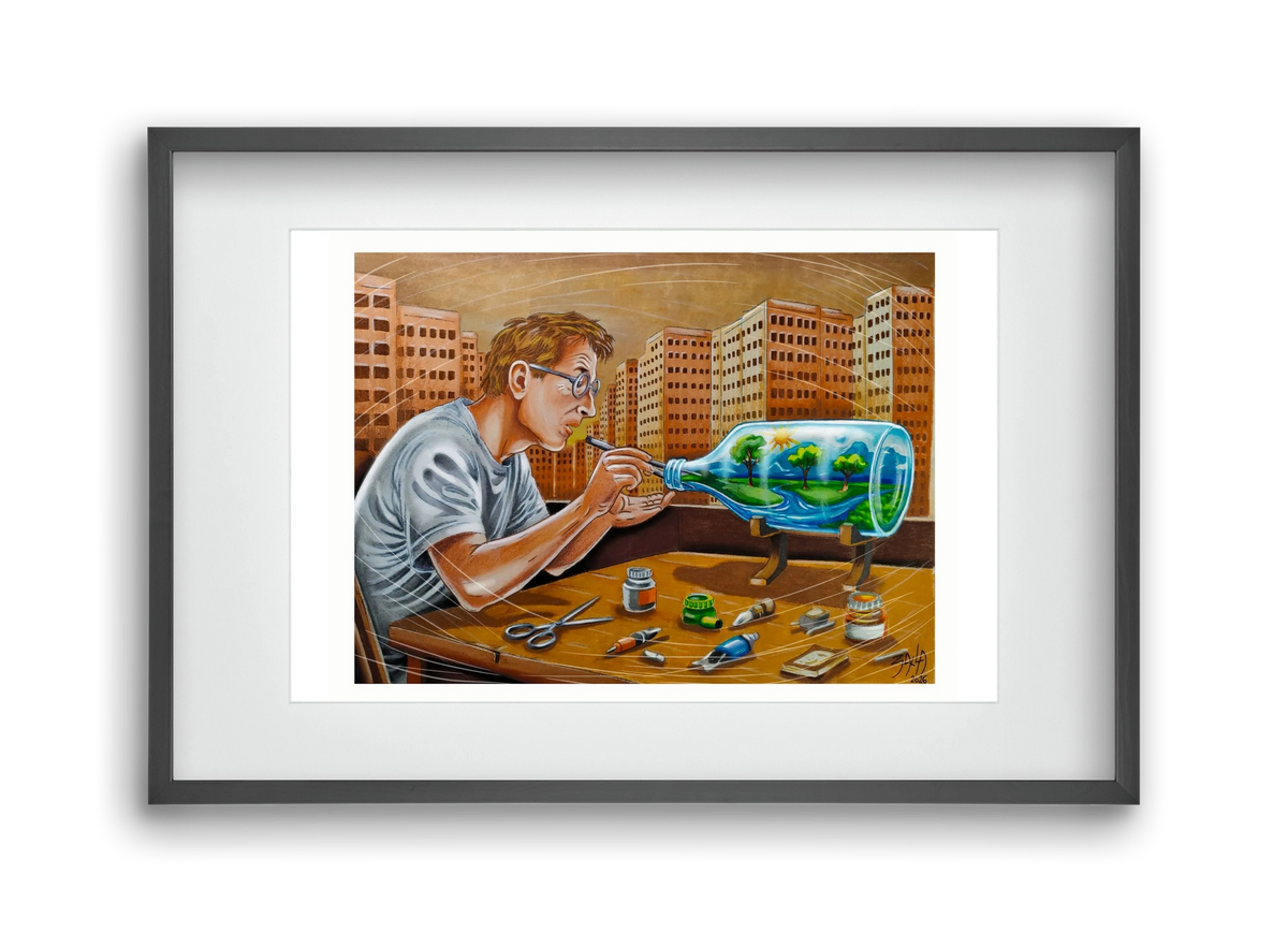 palackba zárva, 45x30 cm (30x20 cm), Fekete keret, paszpartuval